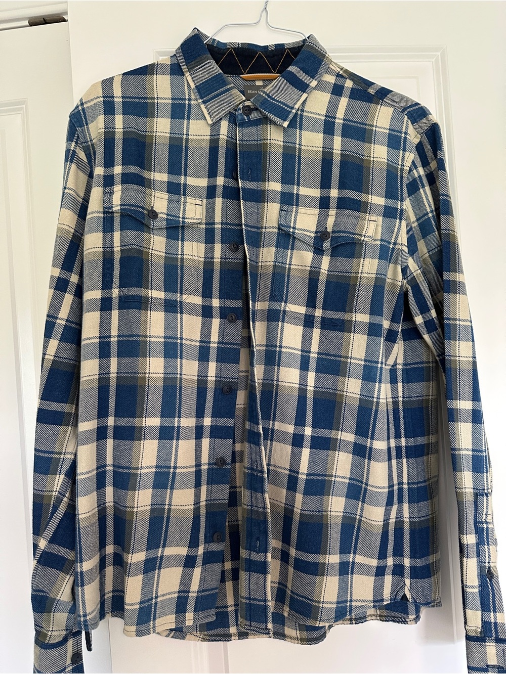 LL Bean Signature Men's Blue and Cream Plaid Button-Up Shirt